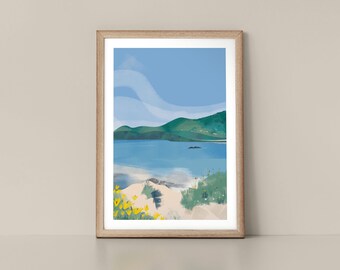 View to Salcombe English Costal Print with Flowers and Calming Water Landscape Wall Art Print by Tulip House Studio