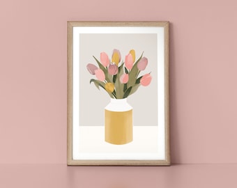 Springtime Tulips in Mustard Yellow Vase Scandinavian Style Nordic Wall Art Print by Tulip House Studio