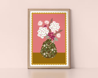 Flowers Patterned Vase With Scalloped Edge. Botanic Design in a Scandinavian Style Nordic Wall Art Print