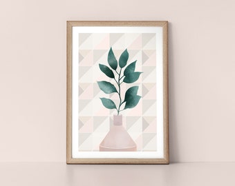 Leafy Pastel Vase with Geometric Background Scandinavian Style Nordic Wall Art Print by Tulip House Studio