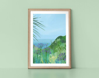 Devon Babbacombe Views English Costal Print with Flowers and Calming Water Landscape Wall Art Print by Tulip House Studio