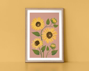 May include: A framed print of a botanical illustration featuring four yellow sunflowers with brown centers on a pink background.