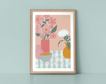 Floral Tablescape Colourful Scandinavian Style Nordic Wall Art Print by Tulip House Studio