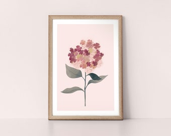 Hydrangea Stem Colourful Textured Petals and Green Leaf Stem Botanic Design in a Scandinavian Style Nordic Wall Art Print