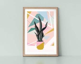 Pot Plant Halftone and Abstract Geometric Patterns Scandinavian Style Botanical Nordic Wall Art Print by Tulip House Studio