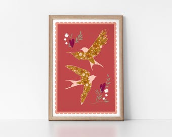 Floral Bird Print With Scalloped Edge Botanic Design in a Scandinavian Style Nordic Wall Art Print