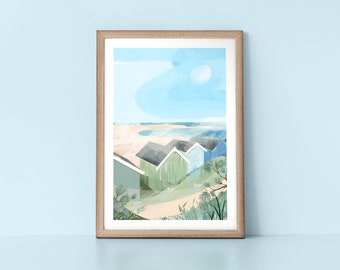 Wells Beach Huts Holkham English Costal Print with Flowers and Calming Water Landscape Wall Art Print by Tulip House Studio