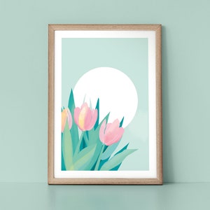 Beautiful Pastel Spring Tulip Flower Bouquet Scandinavian Style Botanical Nordic Wall Art Print by Tulip House Studio image 1