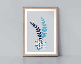 Eucalyptus Stem and Leaves in Terrazzo Blue Vase Scandinavian Style Botanical Nordic Wall Art Print by Tulip House Studio