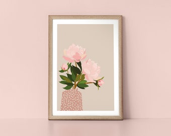 Pink Peony Flower in Polka Dot Vase Modern Scandinavian Style Wall Art Print by Tulip House Studio