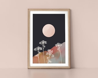 Winter View Textured Moonlight Mountainscape Scandinavian Style Nordic Wall Art Print by Tulip House Studio