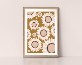 Autumn Sunflower Pattern on Mustard Background Minimalist Floral Scandinavian Style Nordic Wall Art Print by Tulip House Studio