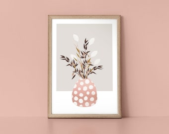 Pink Dalmatian Spot Vase with Wild Flower Stems Scandinavian Style Nordic Wall Art Print by Tulip House Studio