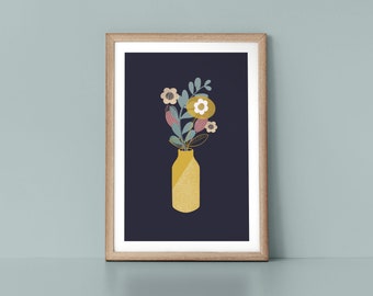 Yellow Vase and Colourful Flowers on Deep Indigo Background Minimalist Floral Scandinavian Style Nordic Wall Art Print by Tulip House Studio