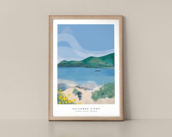 View to Salcombe English Costal Print Text Version with Flowers and Calming Water Landscape Wall Art Print by Tulip House Studio