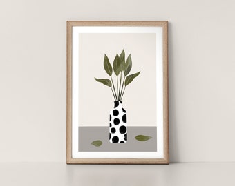 Monochrome Dalmatian Spot Vase with Glossy Green Leaves Scandinavian Style Nordic Wall Art Print by Tulip House Studio