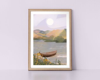 May include: A framed illustration of a landscape with a lake, mountains, and a small wooden boat. The sky is a soft blue with a white sun.
