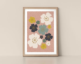 Flower Pattern on Beautiful Peach Polka Dot Background Minimalist Floral Scandinavian Style Nordic Wall Art Print by Tulip House Studio