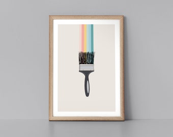 May include: A framed print of a paintbrush with a rainbow of colors streaming from the bristles. The background is a light beige color.