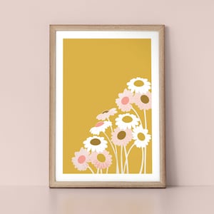 Pastel Pink and White Daisy Flowers Mustard Wall Scandinavian Style Botanical Nordic Wall Art Print by Tulip House Studio