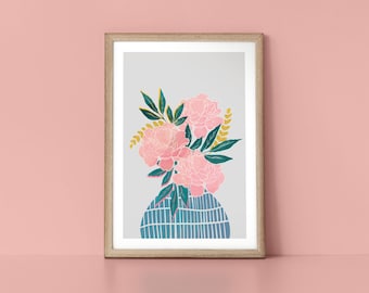 Pastel Pink Peony Flowers in Rustic Blue Patterned Vase Scandinavian Style Botanical Nordic Wall Art Print by Tulip House Studio