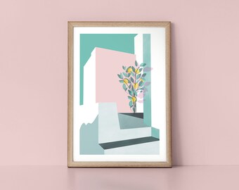 May include: A framed print of a geometric abstract art piece featuring a pink building with a green tree and yellow lemons in front of it. The background is a light blue and green color.