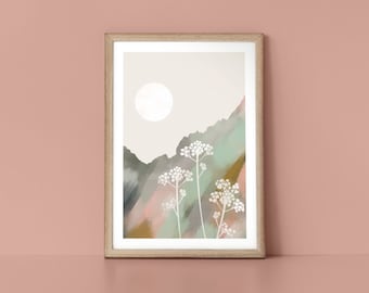 Spring View Colourful Textured Mountainscape Scandinavian Style Nordic Wall Art Print by Tulip House Studio