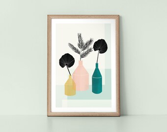 Trio of Geometric Vase and Leaves with Pastel Neo Mint Abstract Scandinavian Style Botanical Nordic Wall Art Print by Tulip House Studio