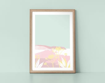 Neo Mint and Pastel Pink Coastal Landscape Scandinavian Style Botanical Nordic Wall Art Print by Tulip House Studio