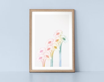 Modern Rainbow Summer Daisy Flowers Scandinavian Style Botanical Nordic Wall Art Print by Tulip House Studio