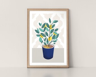 May include: A framed print of a stylized illustration of a potted plant with green leaves and yellow fruit. The plant is in a blue pot and the background is a light gray with a white pattern.