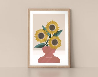 Vase of Late Summer Sunflowers Scandinavian Style Nordic Wall Art Print by Tulip House Studio