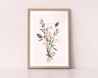 Country Style Purple Botanical Bouquet on Rose Pink Background Scandinavian Style Nordic Wall Art Print by Tulip House Studio
