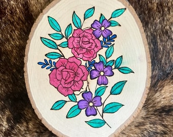 Floral Wood Burned Wall Hanging