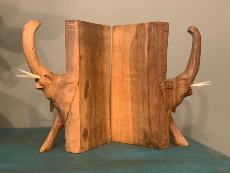Handcarved Wood Elephant Bookends From Africa With Ivoryesque Etsy