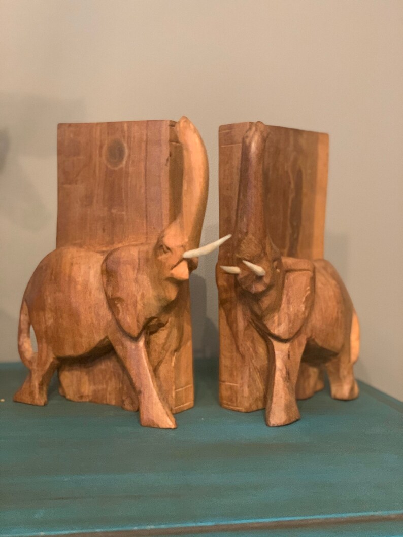 Handcarved Wood Elephant Bookends From Africa With Ivoryesque Etsy