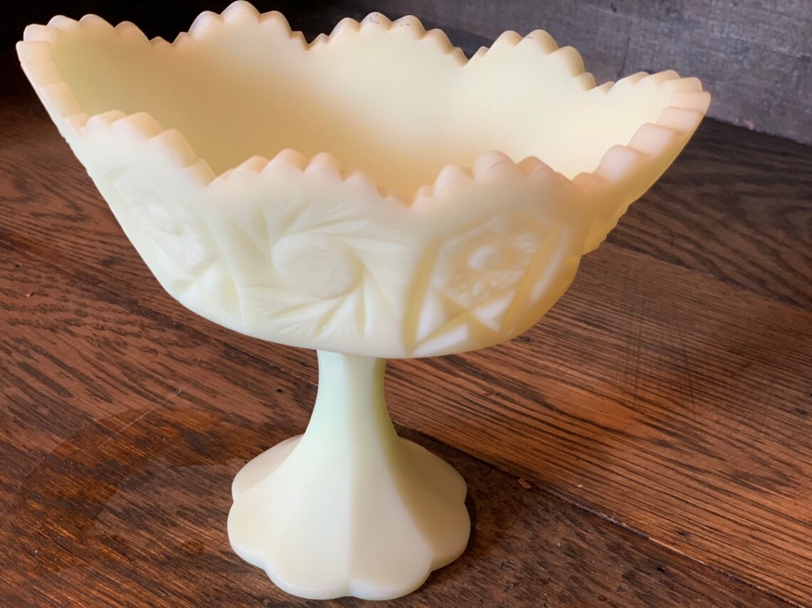 Fenton Custard uranium Glass Pedestal Candy Dish Etsy Denmark