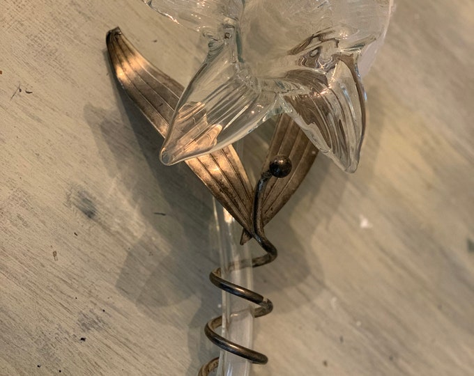 Murano Art Glass Lily Vase With Silver Plate Leaves & Vine FREE