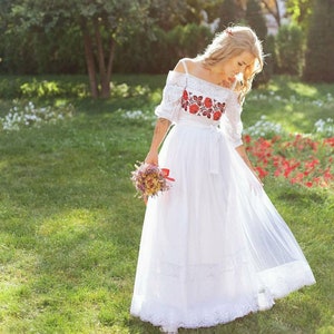 embroidered wedding dress floral ukrainian dress hungarian dress boho wedding dress detachable tulle skirt elopement dress