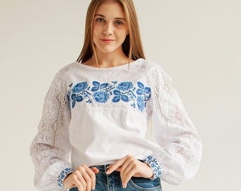 white linen blouse with floral embroidery, lace peasant blouse, boho vyshyvanka blouse, handmade ukrainian blouse