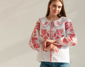 red floral vyshyvanka blouse, traditional ukrainian embroidered blouse, linen peasant blouse