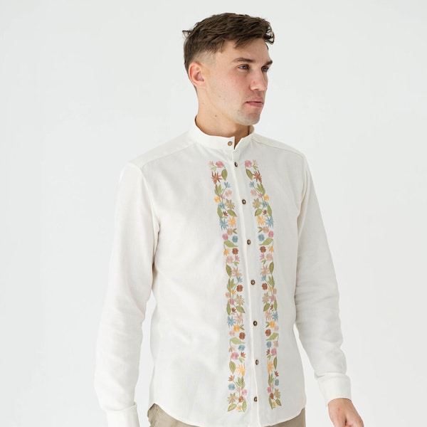 floral embroidered shirt, ukrainian vyshyvanka men, ivory linen wedding shirt for men, handmade linen button up shirt