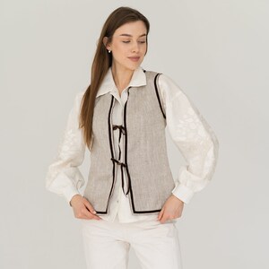 natural beige linen vest, v neck linen waistcoat, boho style linen tie front top, vintage style folk vest