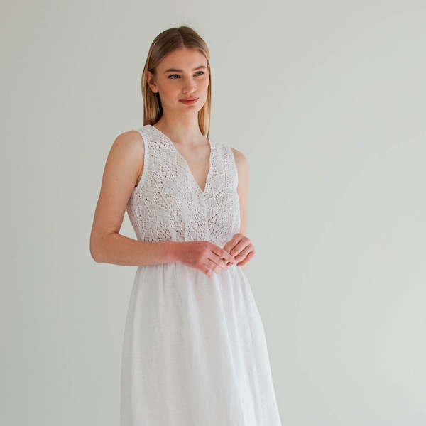 white linen dress, linen slip dress, lace linen wedding dress, boho linen sunderss women, elopement dress