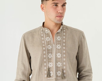 embroidered vyshyvanka men, loose organic linen shirt with long sleeves, ethnic ukrainain shirt