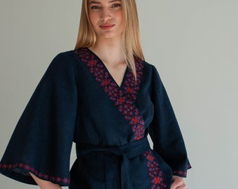 embroidered linen blouse, navy blue ukrainian blouse vyshyvanka, minimalist wrap linen top butterfly sleeves