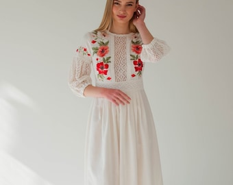 handmade ukrainian dress, long folk wedding dress, poppy flower embroidered dress, ivory evening dress