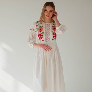 handmade ukrainian dress, long folk wedding dress, poppy flower embroidered dress, ivory evening dress