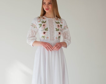 handmade ukrainian dress, cotton simple wedding dress, floral embroidery dress