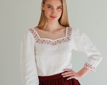 embroidered white linen blouse for women, white ukrainian blouse, floral vyshyvanka blouse, peasant puff sleeve blouse in vintage style